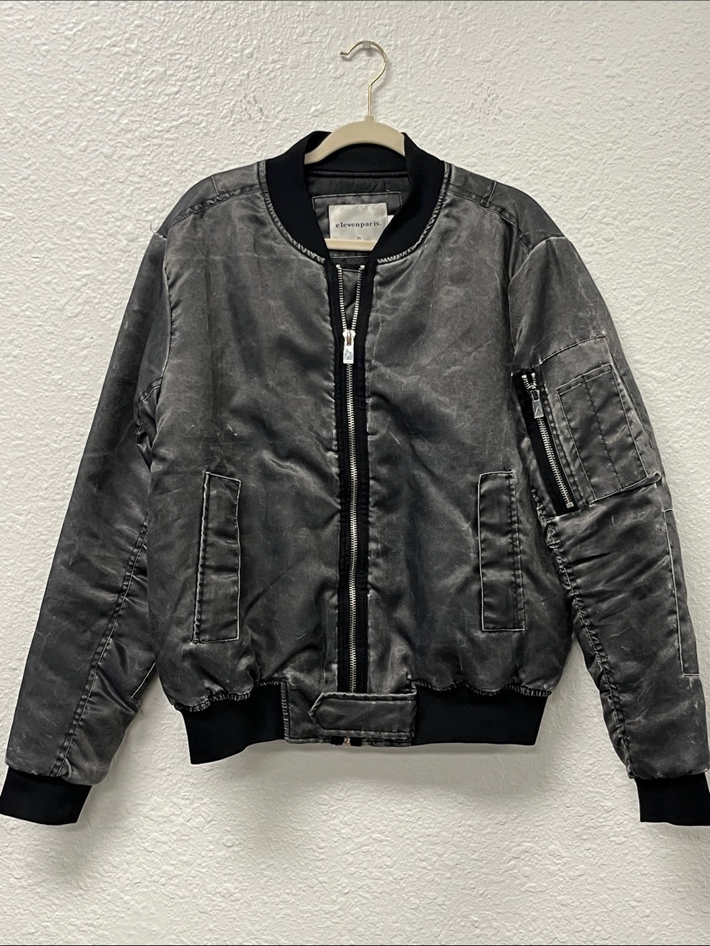 Eleven Paris Men's Charcoal Distressed Bomber Jacket 
#1158